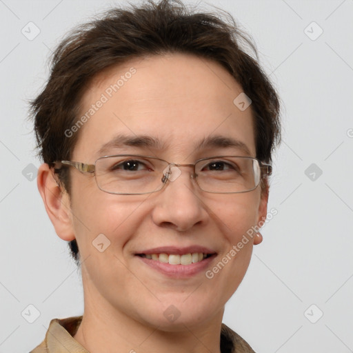 Joyful white adult female with short  brown hair and brown eyes