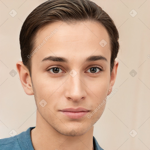 Neutral white young-adult male with short  brown hair and grey eyes