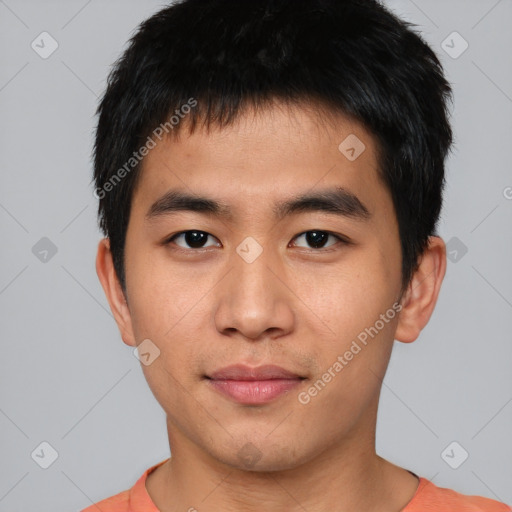 Neutral asian young-adult male with short  black hair and brown eyes