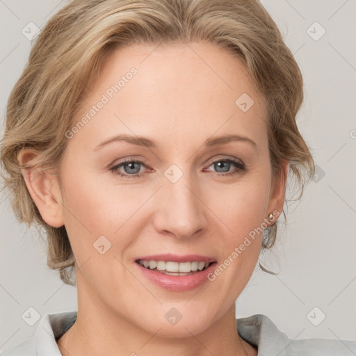 Joyful white young-adult female with medium  brown hair and blue eyes