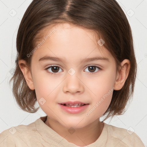 Joyful white child female with medium  brown hair and brown eyes