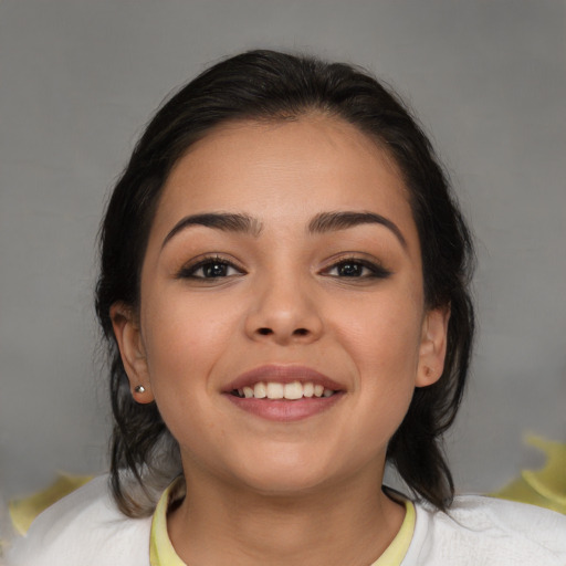 Joyful white young-adult female with medium  brown hair and brown eyes