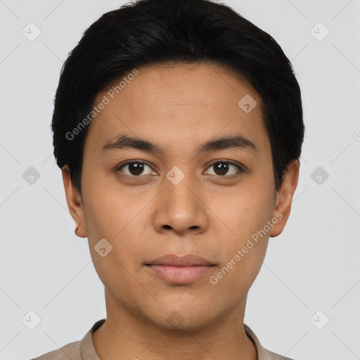 Neutral asian young-adult male with short  black hair and brown eyes