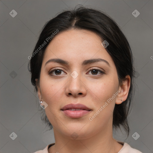 Joyful white young-adult female with medium  brown hair and brown eyes