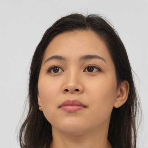 Neutral asian young-adult female with long  brown hair and brown eyes