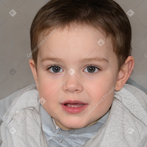 Joyful white child female with short  brown hair and brown eyes