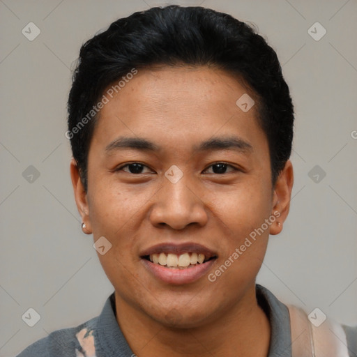 Joyful asian young-adult male with short  black hair and brown eyes