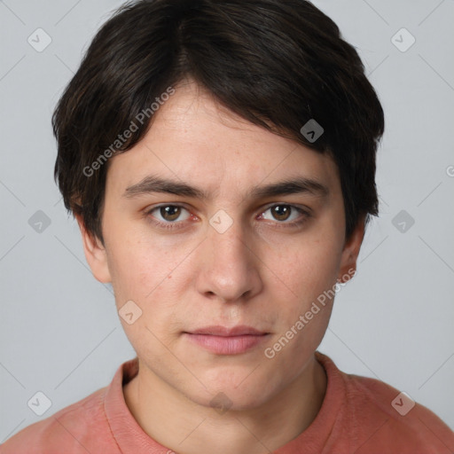 Neutral white young-adult male with short  brown hair and brown eyes