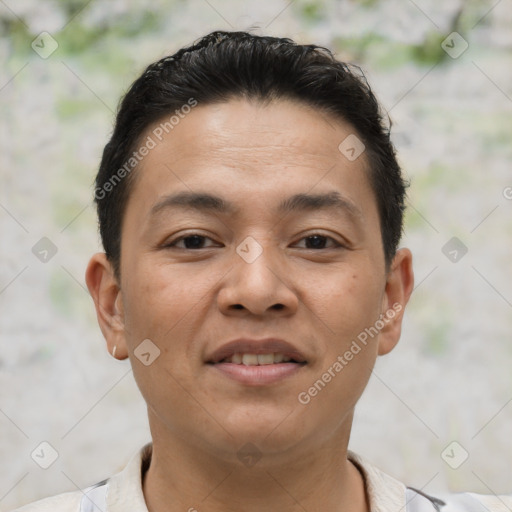 Joyful asian young-adult male with short  brown hair and brown eyes