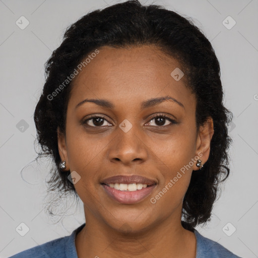 Joyful black young-adult female with medium  black hair and brown eyes