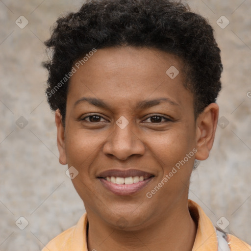 Joyful black young-adult female with short  brown hair and brown eyes