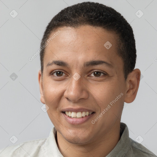 Joyful white young-adult female with short  brown hair and brown eyes