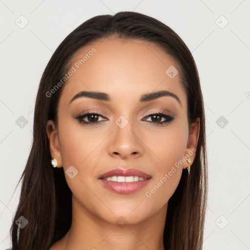 Joyful latino young-adult female with long  brown hair and brown eyes