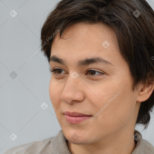 Joyful white young-adult male with medium  brown hair and brown eyes