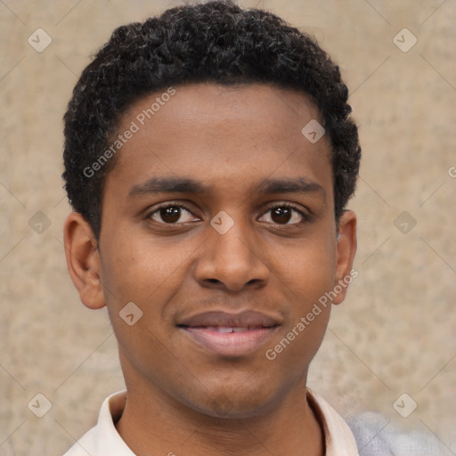 Joyful latino young-adult male with short  brown hair and brown eyes