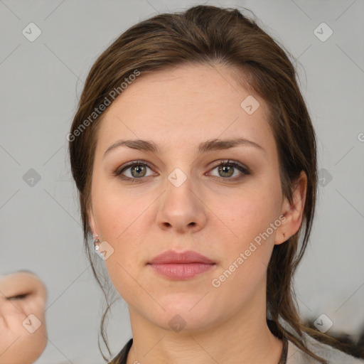 Neutral white young-adult female with medium  brown hair and brown eyes