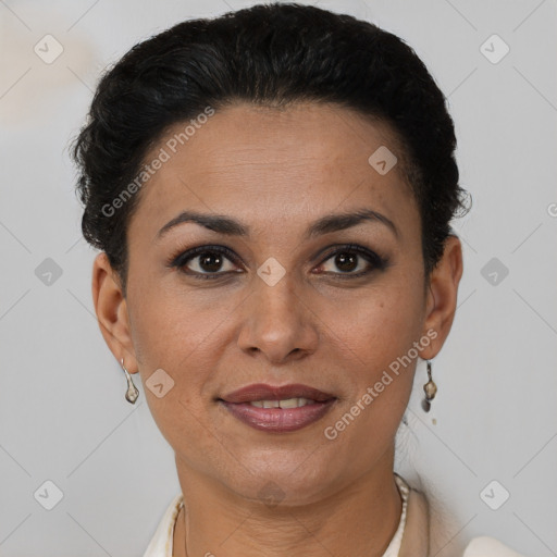 Joyful latino young-adult female with short  brown hair and brown eyes