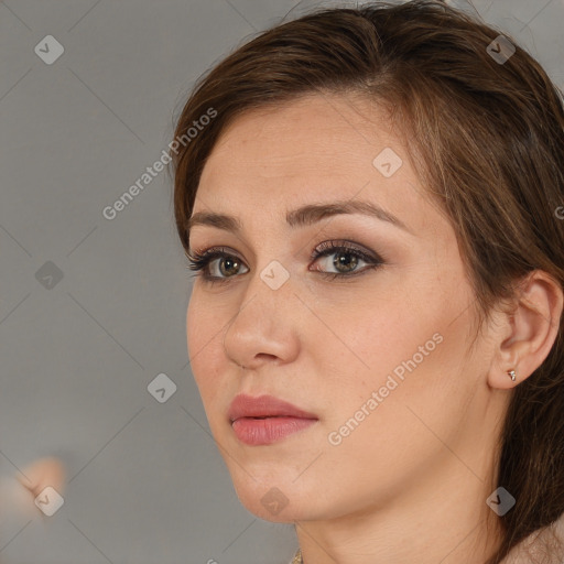 Neutral white young-adult female with medium  brown hair and brown eyes