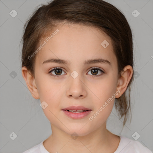 Joyful white child female with medium  brown hair and brown eyes