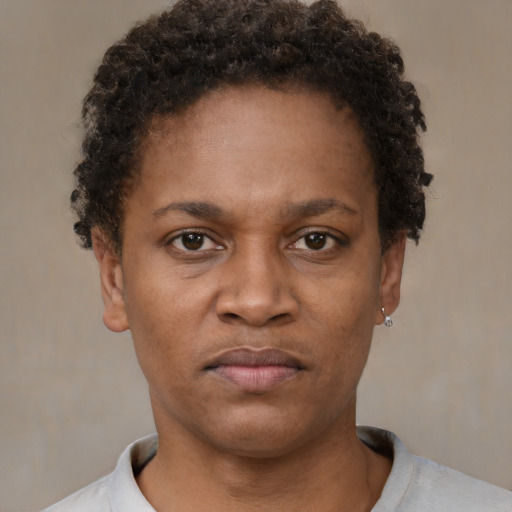 Neutral black young-adult female with short  brown hair and brown eyes