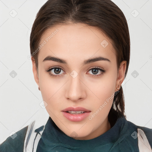 Neutral white young-adult female with medium  brown hair and brown eyes