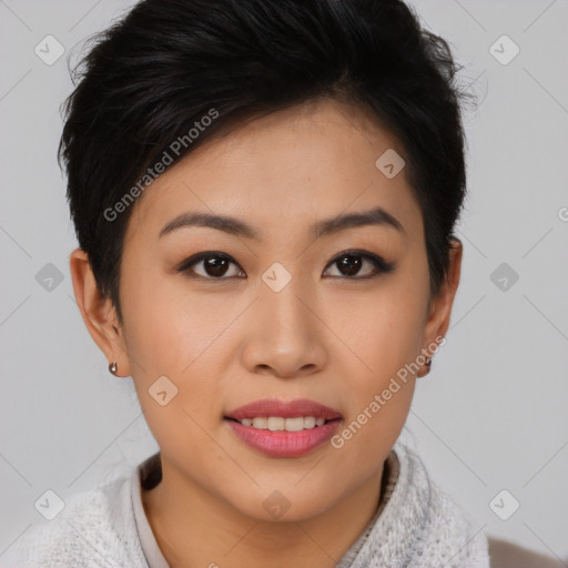 Joyful asian young-adult female with short  brown hair and brown eyes