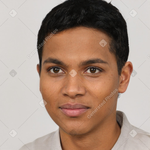 Neutral latino young-adult male with short  black hair and brown eyes