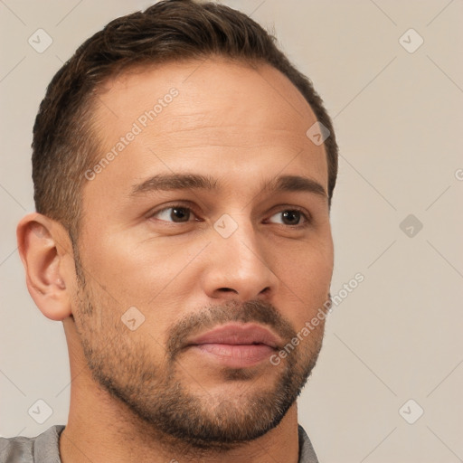 Neutral white young-adult male with short  brown hair and brown eyes