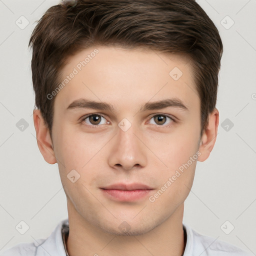 Neutral white young-adult male with short  brown hair and brown eyes