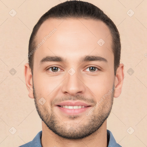 Joyful white young-adult male with short  brown hair and brown eyes