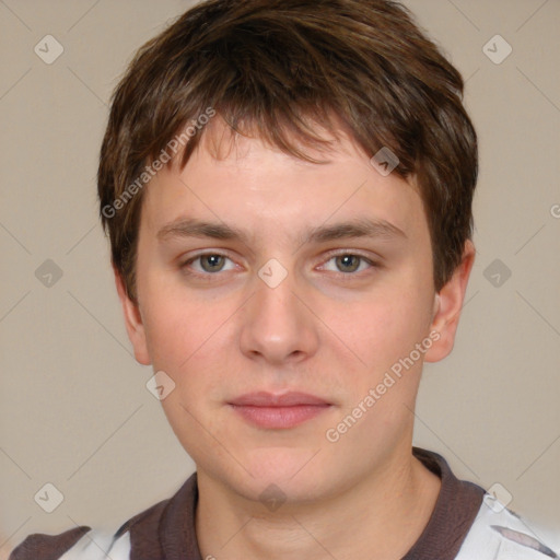 Neutral white young-adult male with short  brown hair and brown eyes