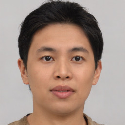 Neutral asian young-adult male with short  brown hair and brown eyes