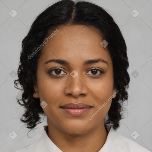 Joyful black young-adult female with medium  brown hair and brown eyes