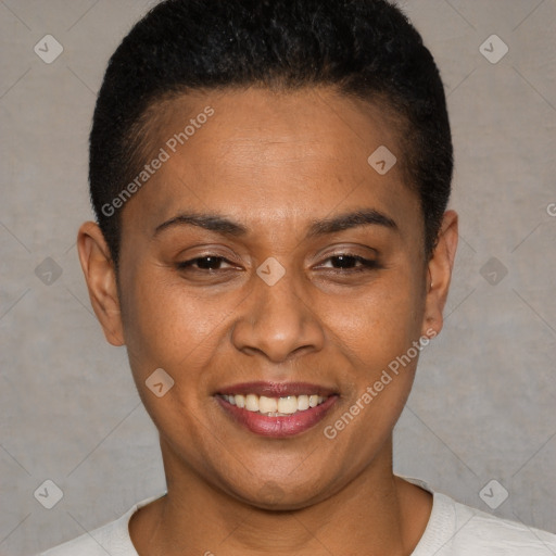 Joyful latino young-adult female with short  brown hair and brown eyes