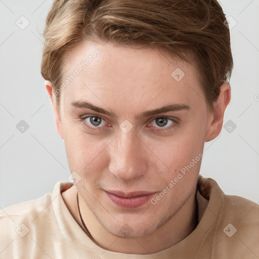 Joyful white young-adult female with short  brown hair and grey eyes