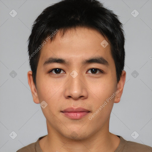 Neutral asian young-adult male with short  brown hair and brown eyes