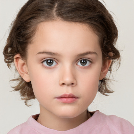 Neutral white child female with medium  brown hair and blue eyes