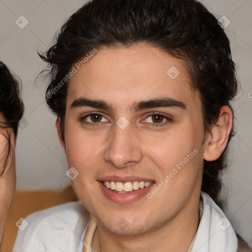 Joyful white young-adult male with medium  brown hair and brown eyes