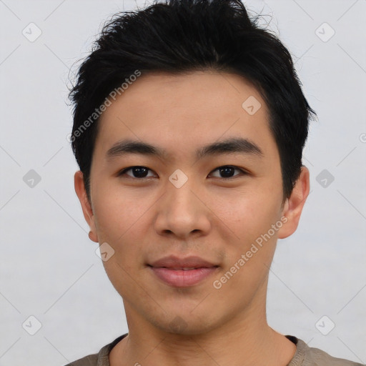 Neutral asian young-adult male with short  black hair and brown eyes