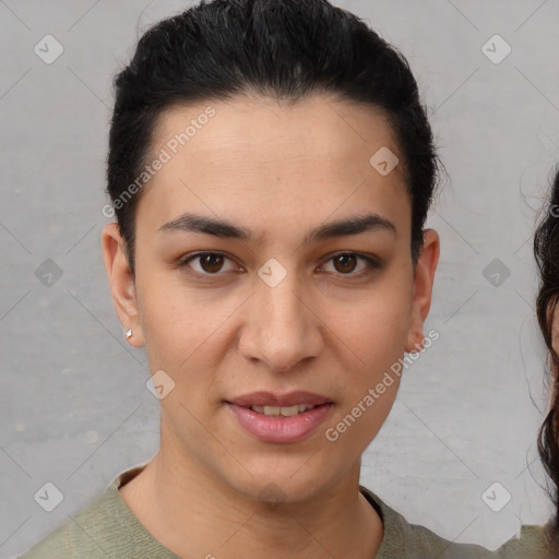 Joyful white young-adult female with short  brown hair and brown eyes