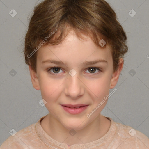 Joyful white child female with short  brown hair and brown eyes