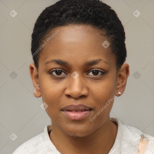 Joyful black young-adult female with short  black hair and brown eyes