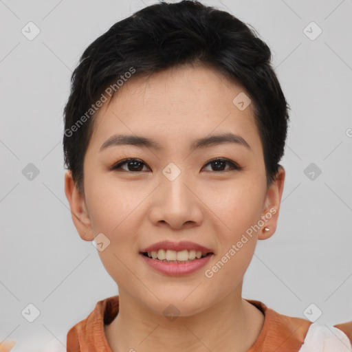 Joyful asian young-adult female with short  brown hair and brown eyes