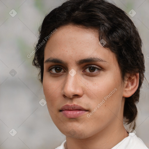 Neutral white young-adult female with medium  brown hair and brown eyes