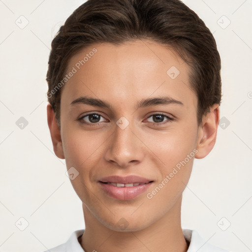 Joyful white young-adult female with short  brown hair and brown eyes