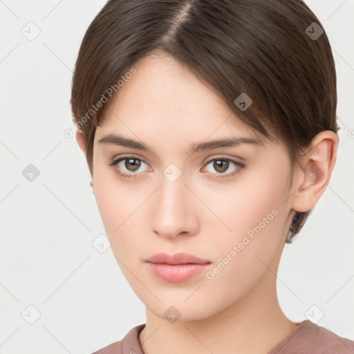 Neutral white young-adult female with short  brown hair and brown eyes