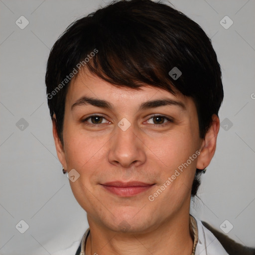 Joyful white young-adult female with short  brown hair and brown eyes