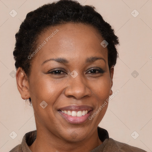 Joyful black adult female with short  brown hair and brown eyes