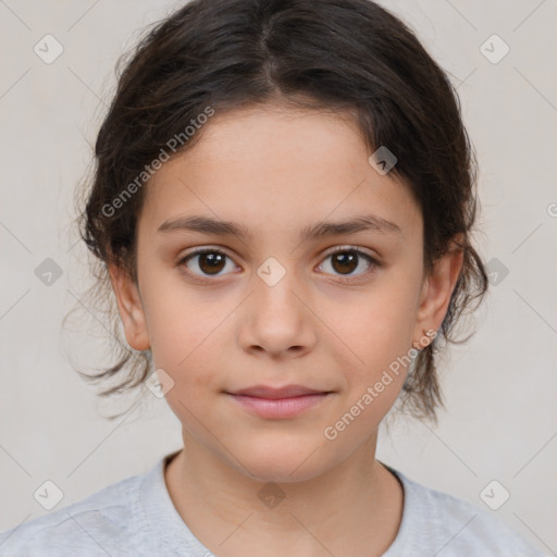 Joyful white child female with medium  brown hair and brown eyes