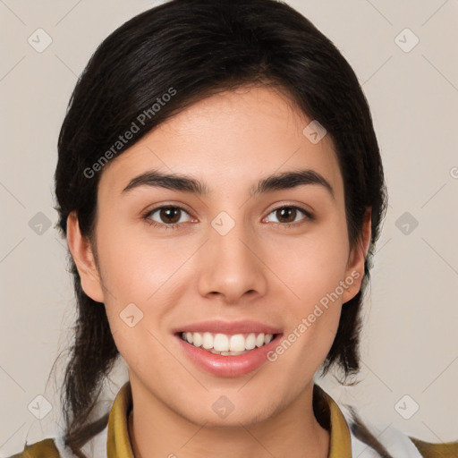 Joyful white young-adult female with medium  brown hair and brown eyes